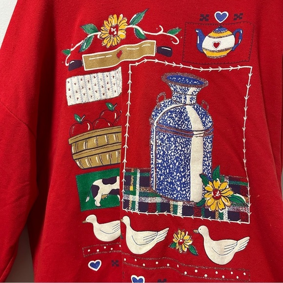 Vintage 80s Act III Red Collared Sweatshirt Size Large Americana Country Cottage - Picture 9 of 16